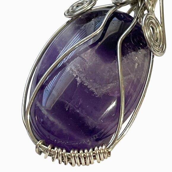 Wire Wrapped Purple Stone Pendant Necklace Black Cord Bohemian Mineral Jewelry - Picture 7 of 9